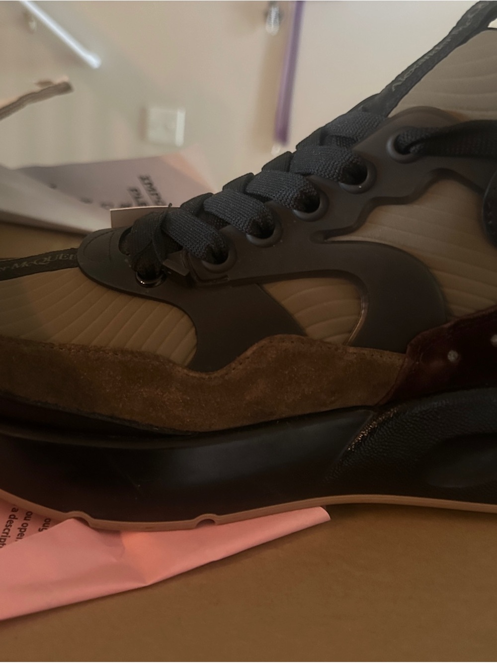 Alexander McQueen Men's Mixed-Material Sneaker in Olive, Brown and Black